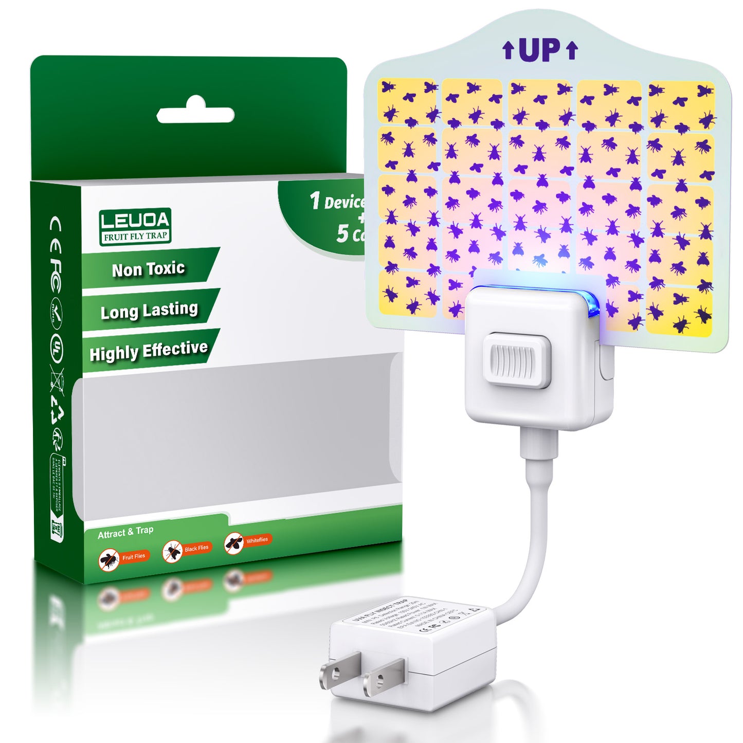 Leuoa Fruit Fly Traps for Indoors, Plug in UVA Fly Catcher for Kitchen and Dining Room 1 Device with 5 Yellow Glue Cards
