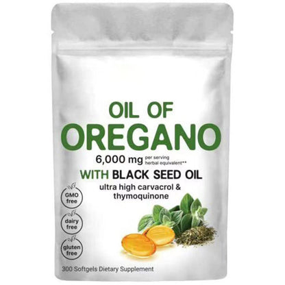 Oil of Oregano 6,000 mg Equivalent with Black Seed Oil | 165 mg Carvacrol | 300 Softgels | Dietary Supplement | Non-GMO, Gluten Free, Dairy Free | 150 Servings | Eco-Friendly Packaging