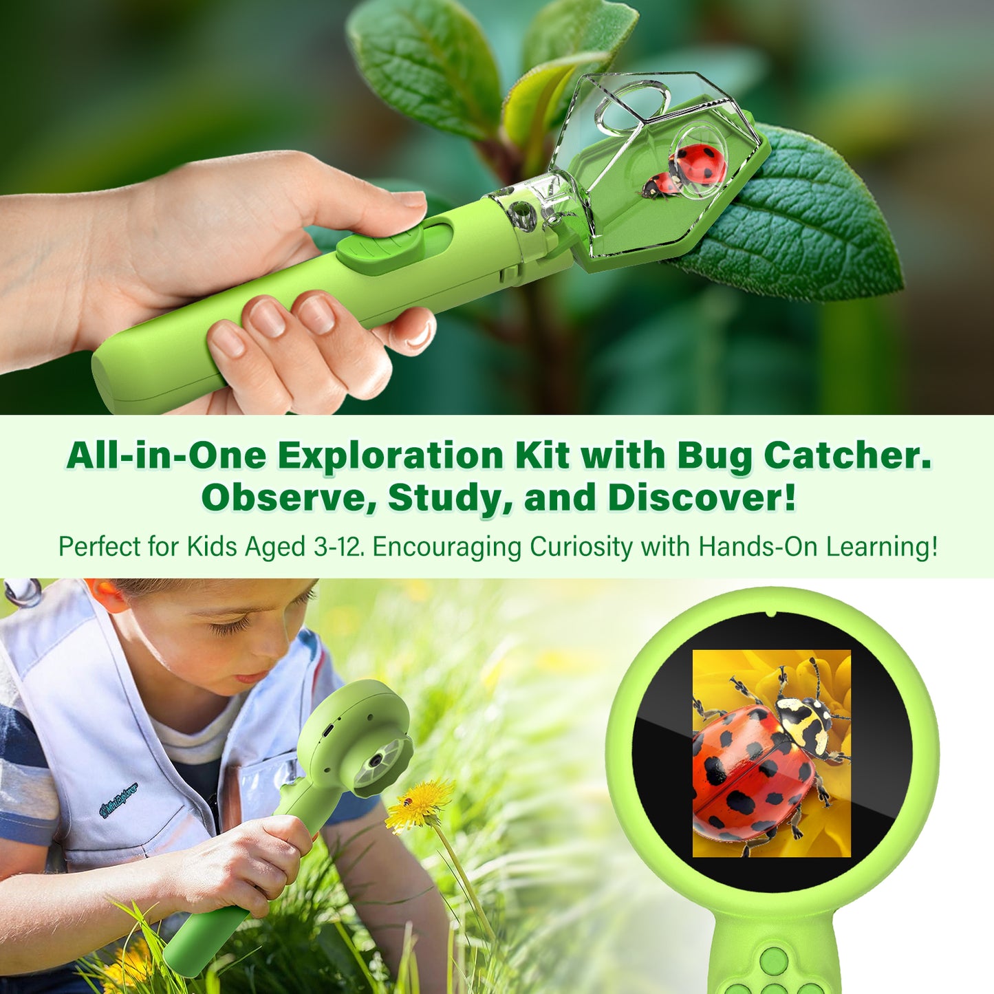 Microscope for Kids with Bug Catcher, 1080P HD Digital Handheld Portable Kids Microscope, 2 in 1 STEM Science Educational Learning Kit Christmas Birthday Gifts Toys for 3-15 Boys & Girls