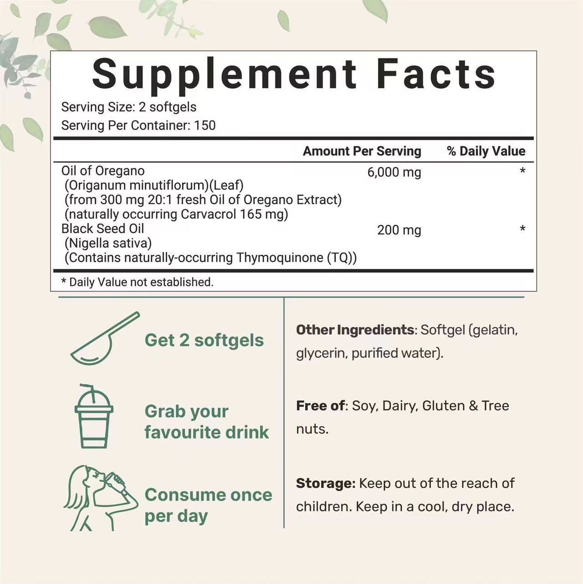Oil of Oregano 6,000 mg Equivalent with Black Seed Oil | 165 mg Carvacrol | 300 Softgels | Dietary Supplement | Non-GMO, Gluten Free, Dairy Free | 150 Servings | Eco-Friendly Packaging