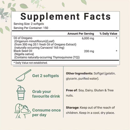 Oil of Oregano 6,000 mg Equivalent with Black Seed Oil | 165 mg Carvacrol | 300 Softgels | Dietary Supplement | Non-GMO, Gluten Free, Dairy Free | 150 Servings | Eco-Friendly Packaging