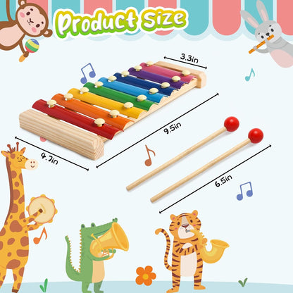 Wooden Xylophone Musical Toy, 8 Rainbow Keys, 2 Mallets, Educational Instrument for Toddlers