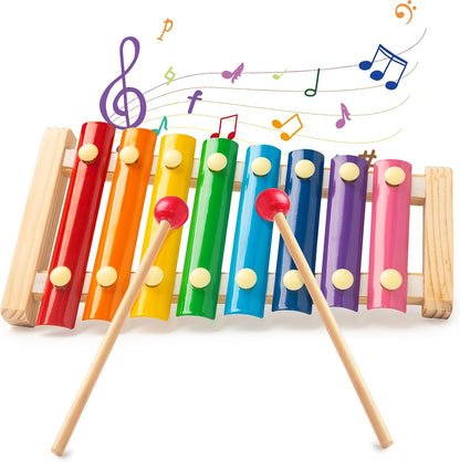 Wooden Xylophone Musical Toy, 8 Rainbow Keys, 2 Mallets, Educational Instrument for Toddlers